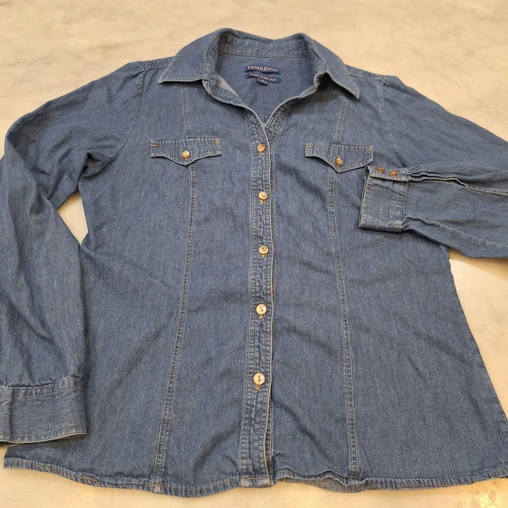 Pendleton Denim Shirt Women Lg Blue Vintage Fit Cotton Button Up Western Top - Picture 3 of 7